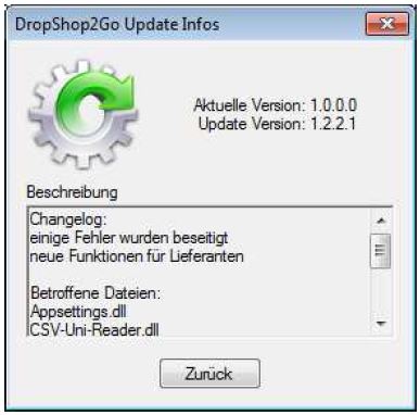 Screenshot DropShop2Go Update info